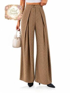 Wide Leg Gingham Plaid Palazzo Pants Pleated High Waist Trousers